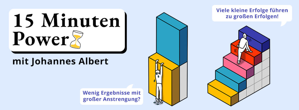 "15 Minuten Power" Grafik. Wenig Ergebnisse mit großer Anstrenung versus viele kleine Erfolge führen zu großen Erfolgen