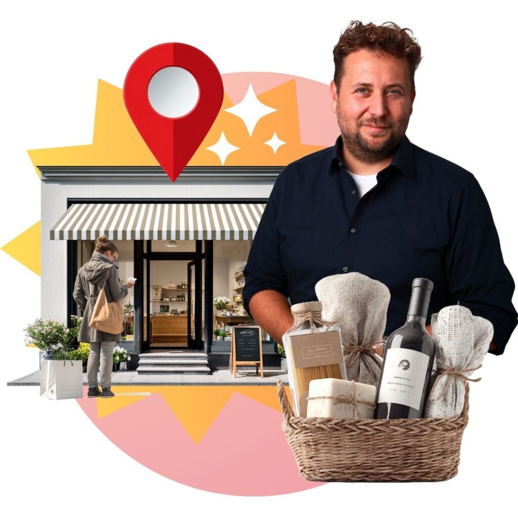 Collage: Johannes Albert mit einem Korb voller lokaler Produkte vor einem Ladengeschäft