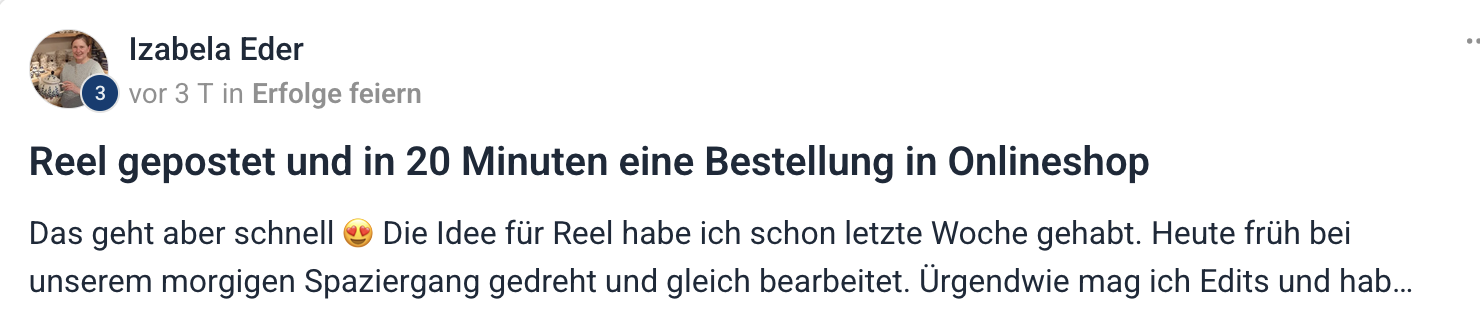 Community-Post von Izabela Eder: Reel gepostet, nach 20 Minuten eine Bestellung im Onlineshop.