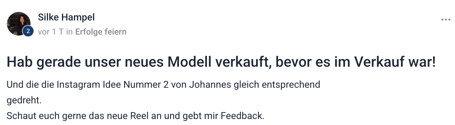 Community-Post von Silke Hampel: neues Modell verkauft, bevor es offiziell im Verkauf war, dank Instagram-Idee Nummer 2.