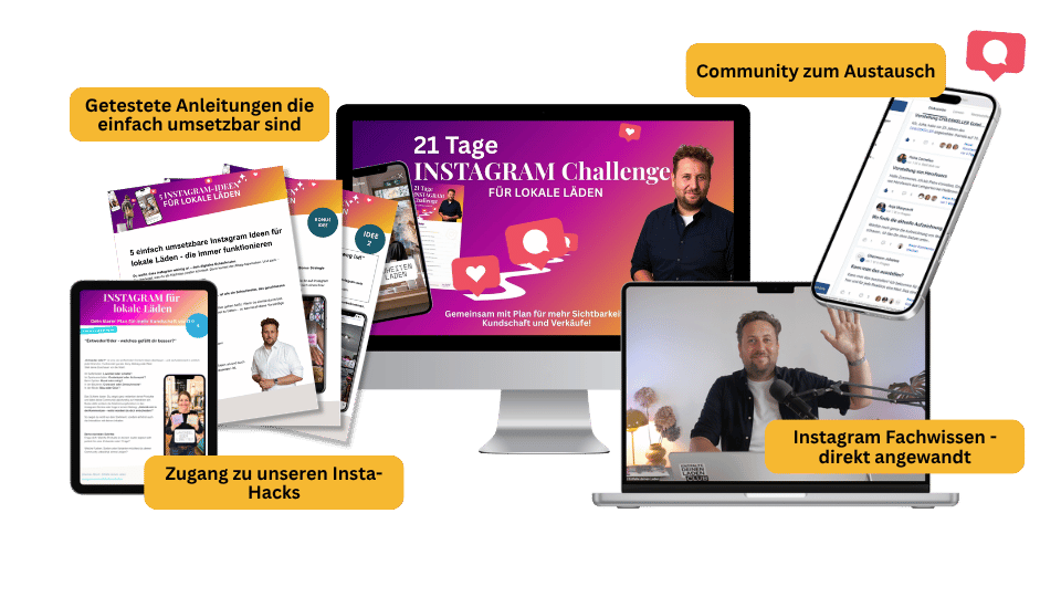 Mockup der 21-Tage Instagram Challenge: Arbeitsblätter, Community-Austausch und Live-Calls mit Johannes Albert